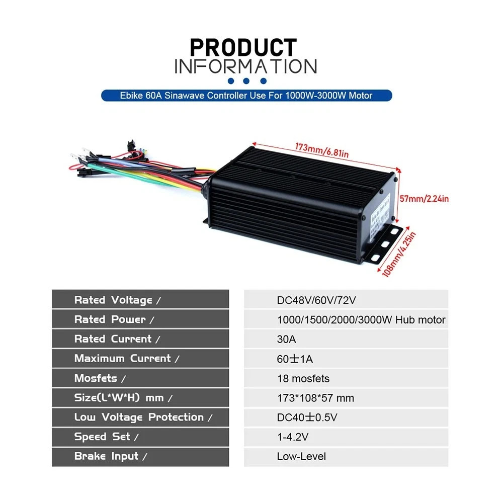 48V-72V 60A 3-Mode 18 Tubes Sine Wave Controller for Ebike 1000-3000W Motor