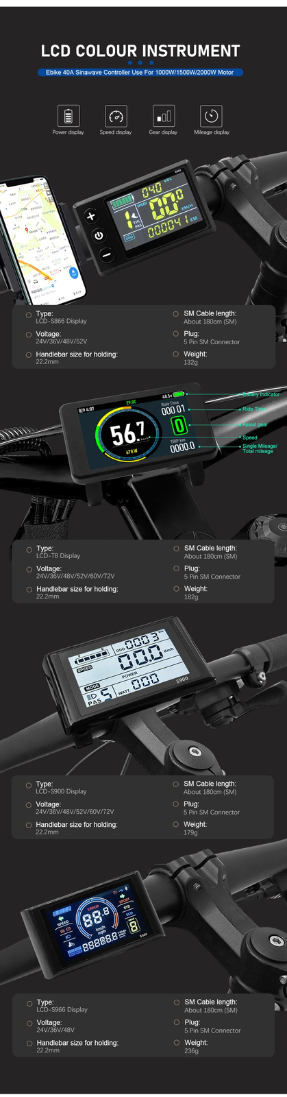 Ebike Sine Wave Controller 36V 48V 52V 40A with S866 S966 LCD Color Display