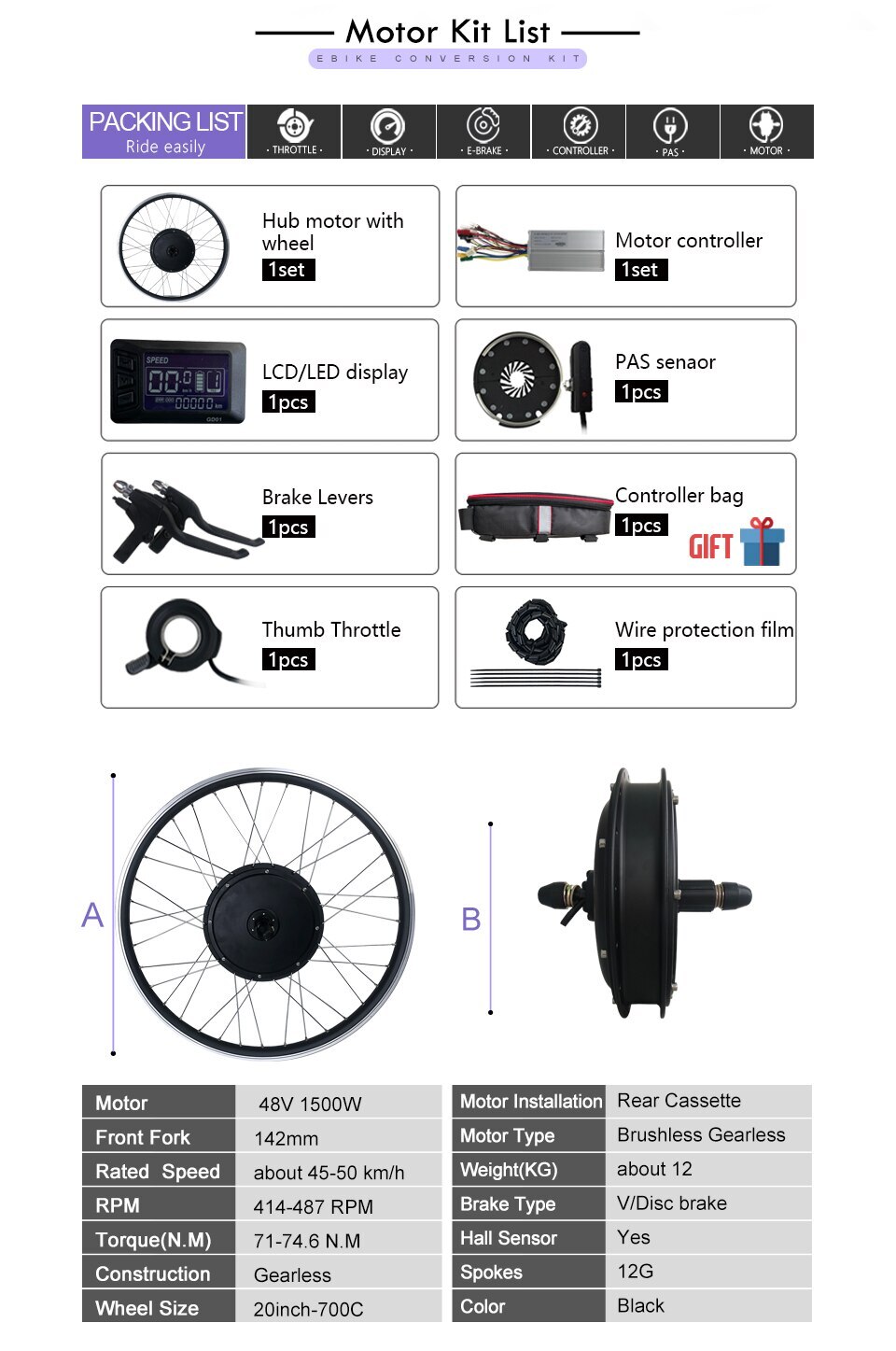 48V 1500W Electric Bicycle Conversion Kit Rear Cassette Wheel Hub Motor