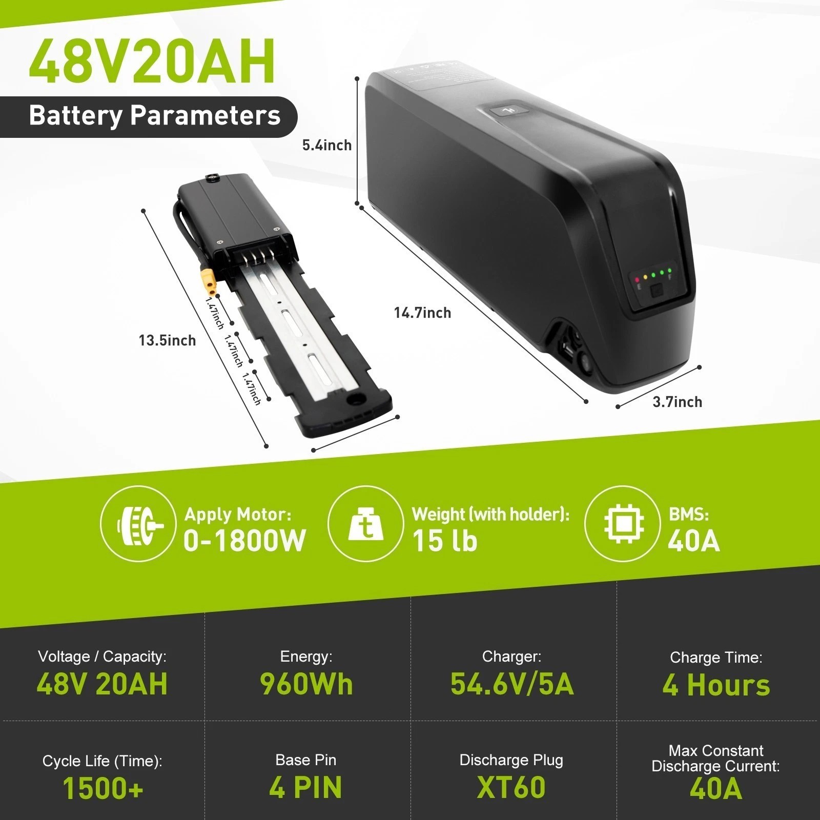 36V 48V 10AH/15AH/20AH Electric Bicycle lithium battery w/ USB Port ≤1800W Motor