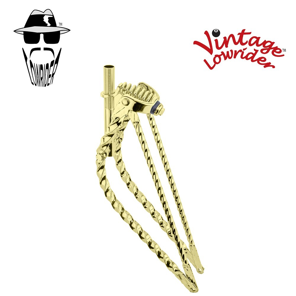 VINTAGE LOWRIDER 26″ BENT SQUARE TWISTED BICYCLE SPRING FORK 1 INCH IN GOLD.