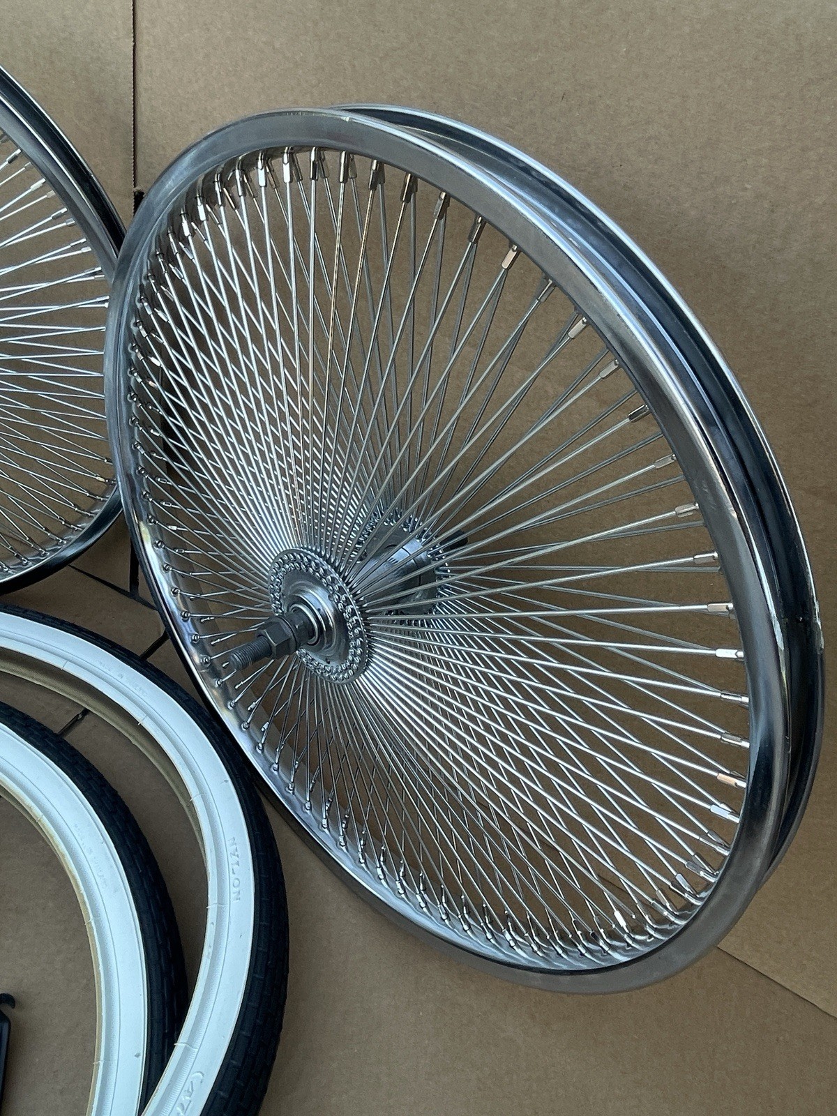 PAIR 20″ Vintage Lowrider Bicycle Chrome Wheels Front Back 144 Spoke Tires Tubes