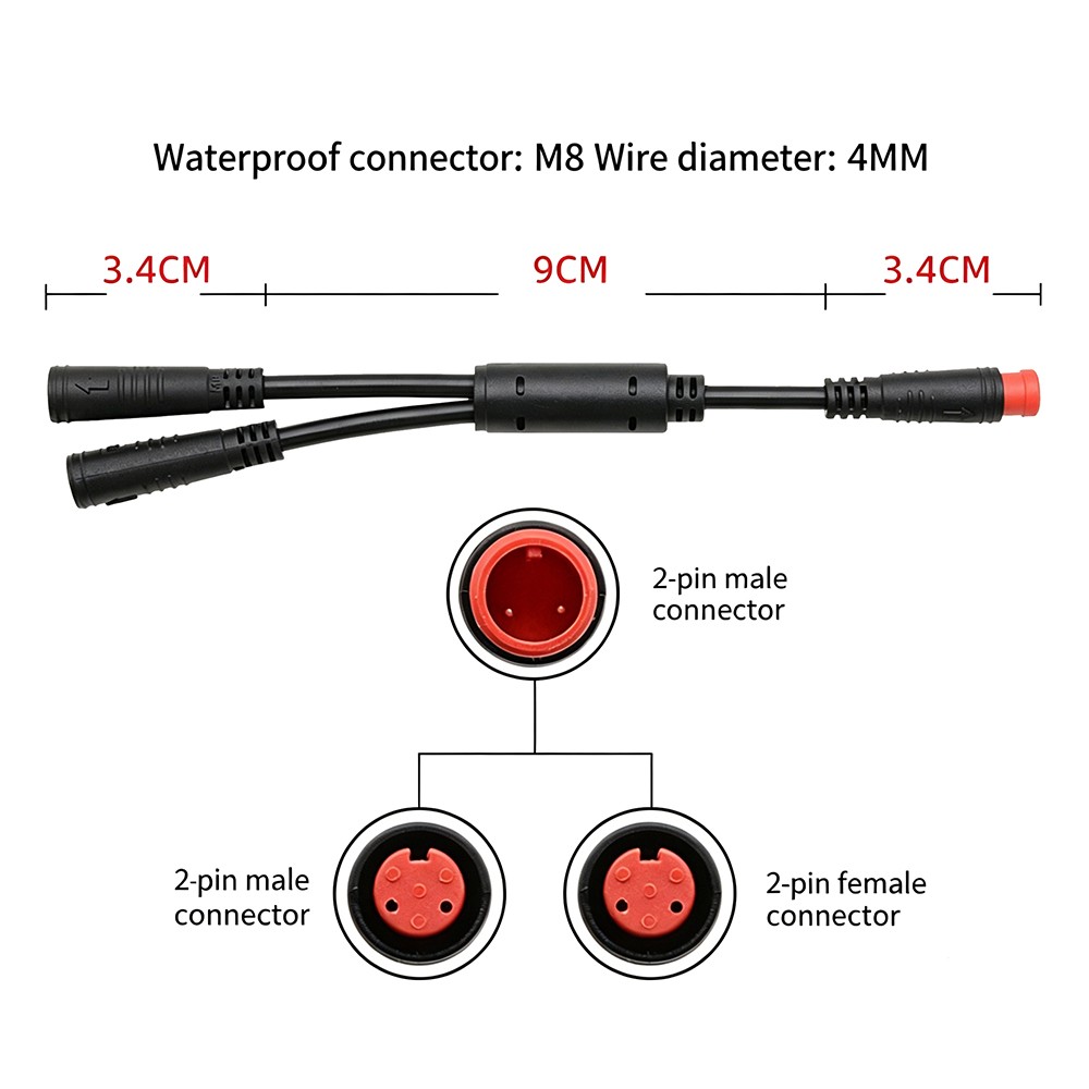 Ebike 1T2 Extension Cable Male to 2 Female M8 Waterproof Plug Adapter Cable