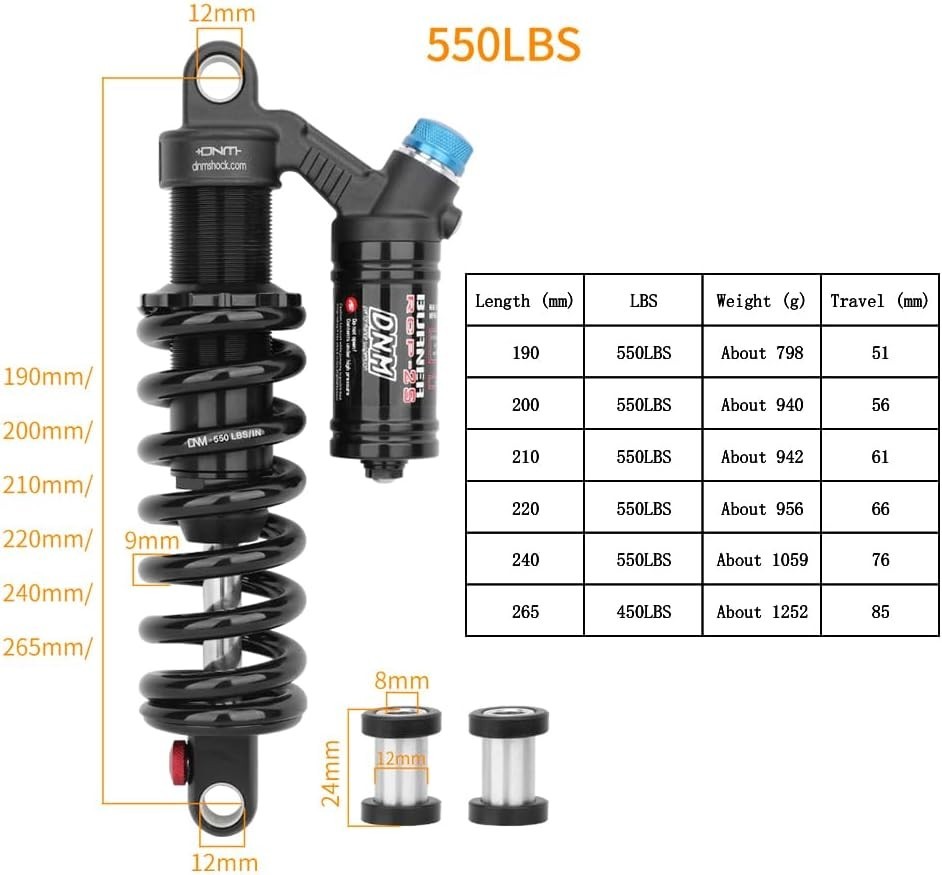 Rear Shock DNM RCP2S 200x56mm 550lbs spring for MTB/Electric Mountain Bike Black