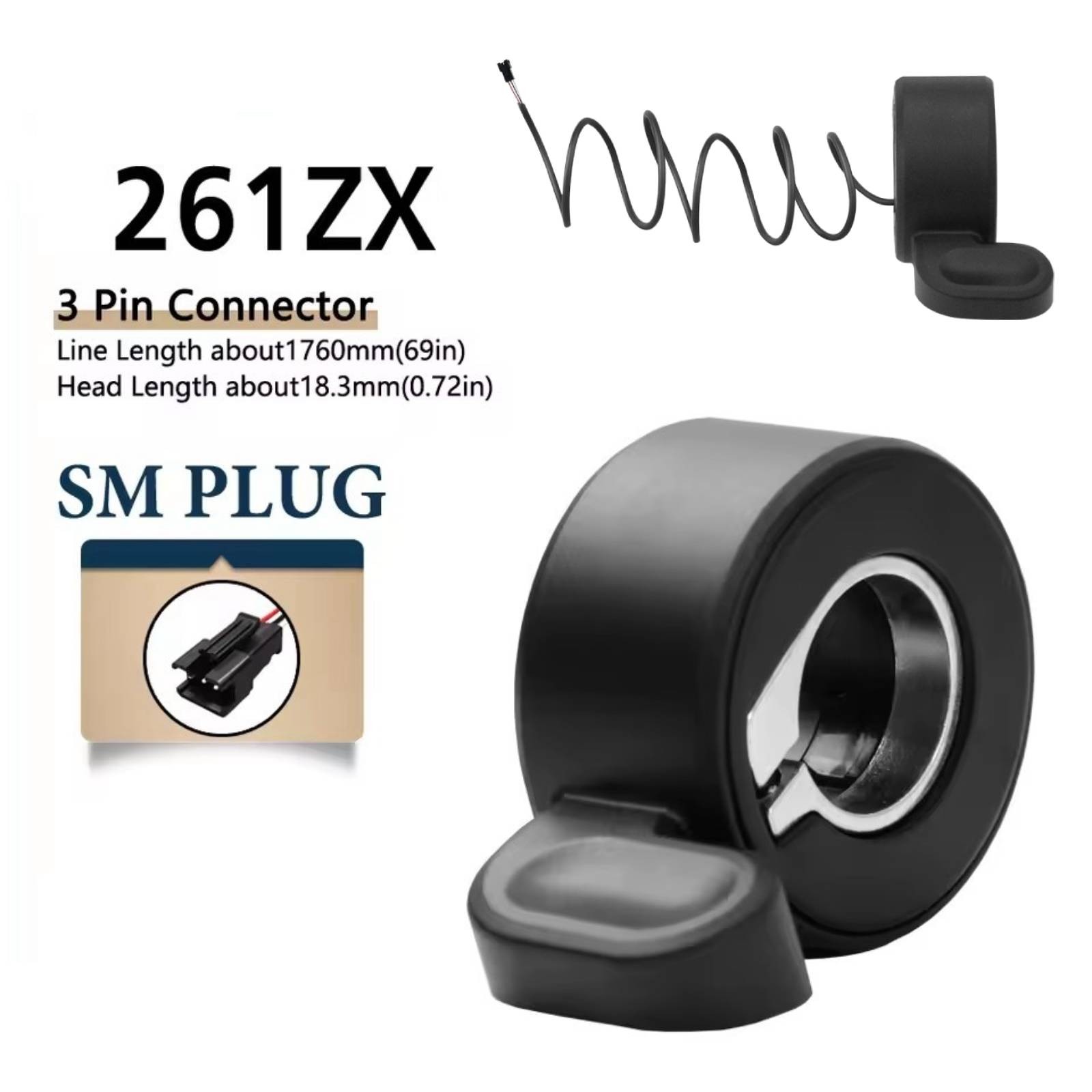 261ZX Thumb Throttle 3Pin SM Plug for Electric Bicycle 12V/24V/36V/48V/52V/72V