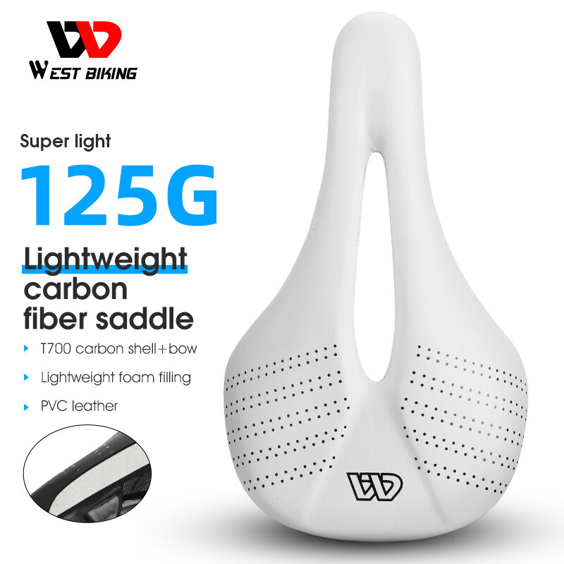 WEST BIKING PVC Leather Carbon Fiber Bike Saddle Bicycle Saddle Cushion White