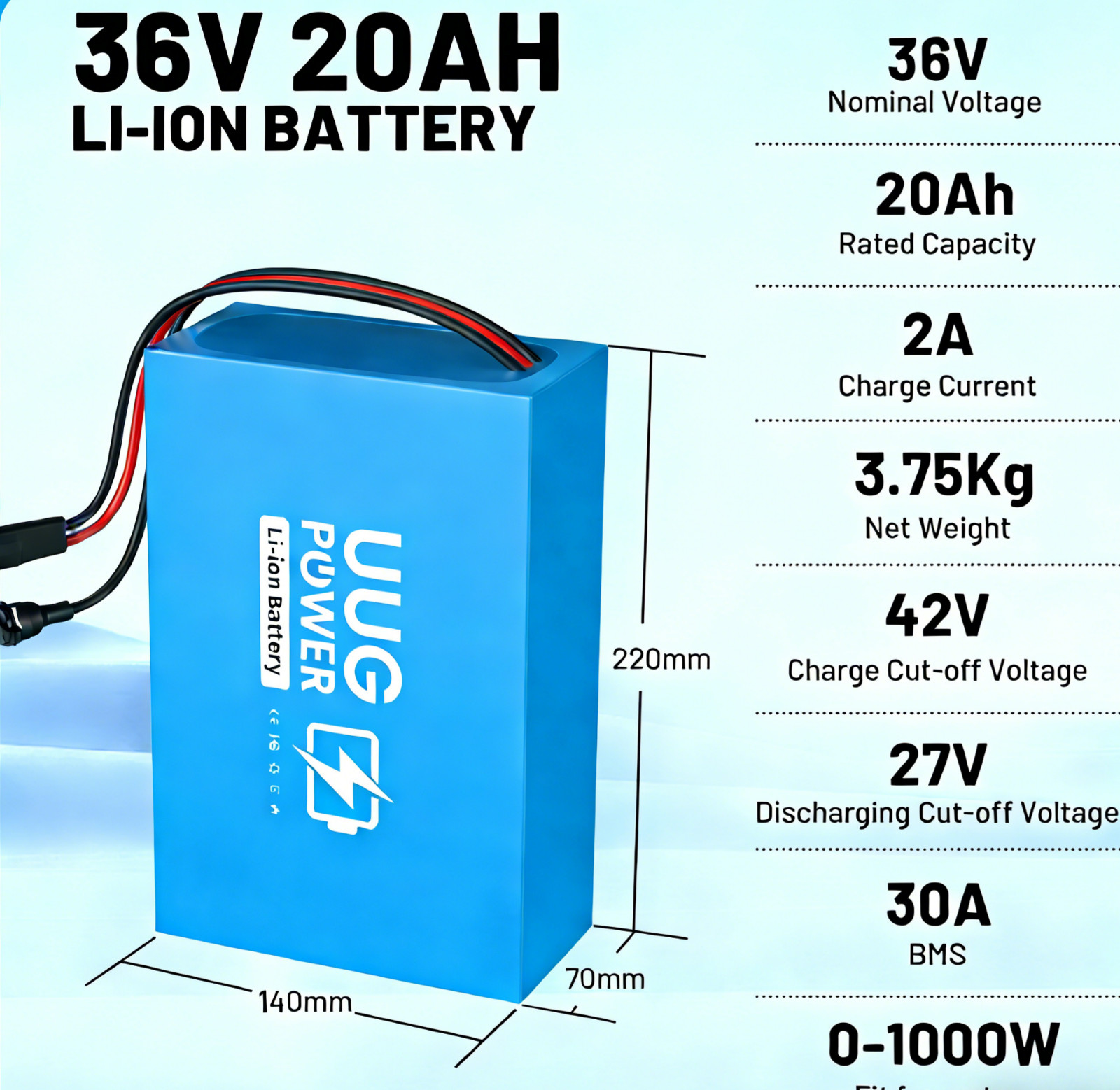 UUG 36V 20Ah Ebike Battery Lithium F o 0W-1000W Motor BMS 30A 10s4p