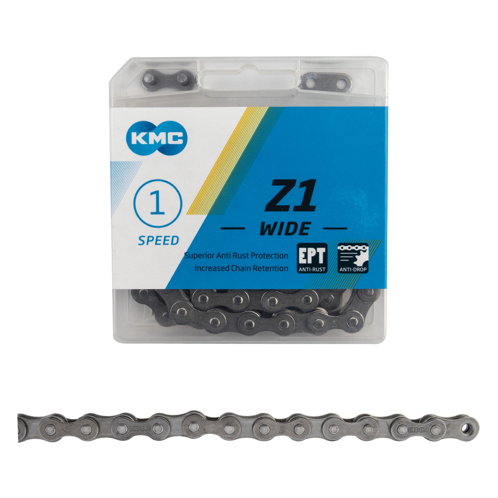 KMC Z1 Wide EPT Chain – Single Speed 1/2″ x 1/8″, 112 Links, Silver