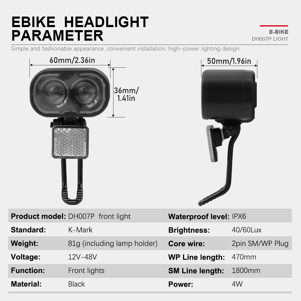 E-bike Front Light 12V/24V/36V/48V SM/Waterproof Plug for Electric Scooter Parts