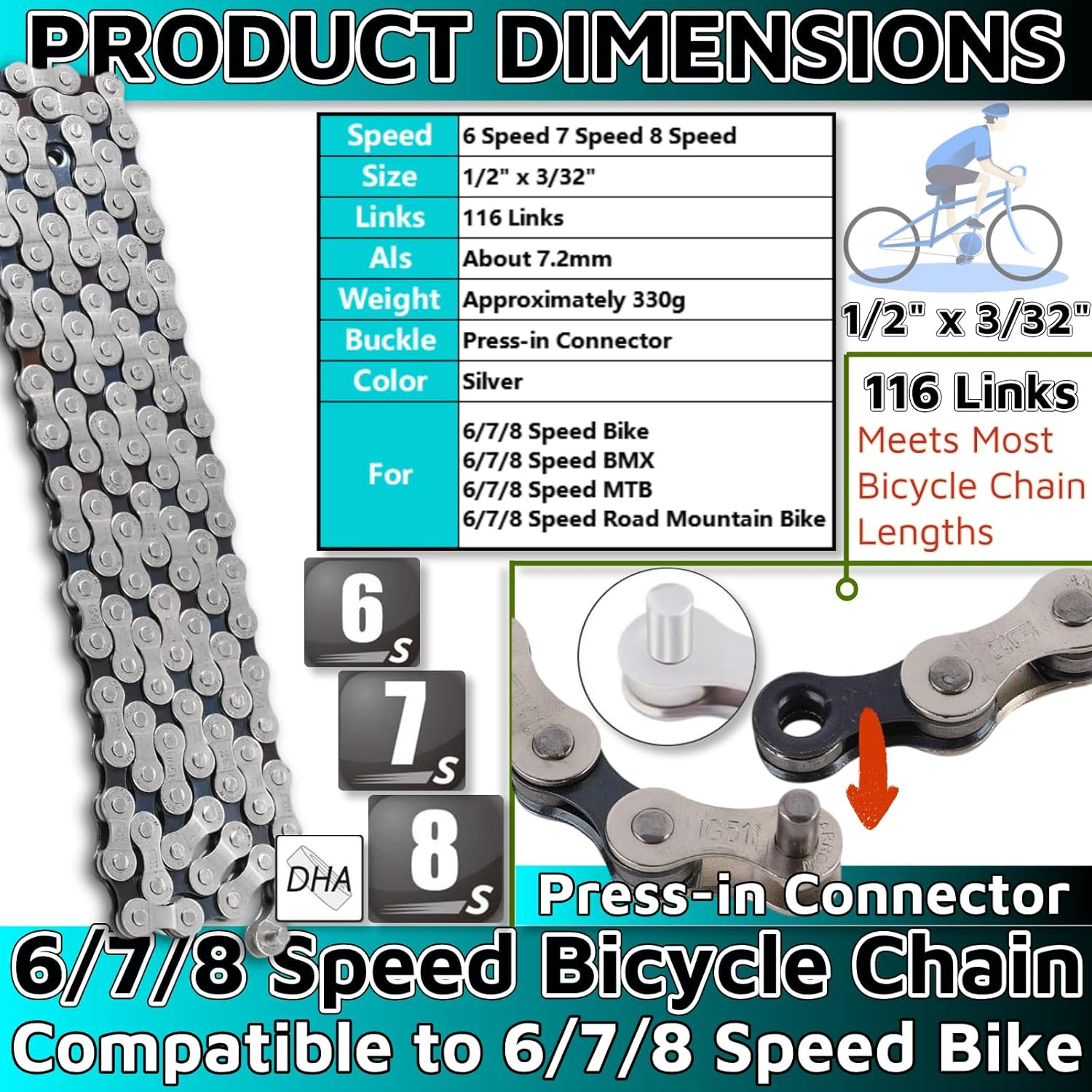 6/7/8 Speed Bicycle Chain 1/2″ X 3/32″ 116 Links Chain BMX Chain 7 Speed Bike Ch