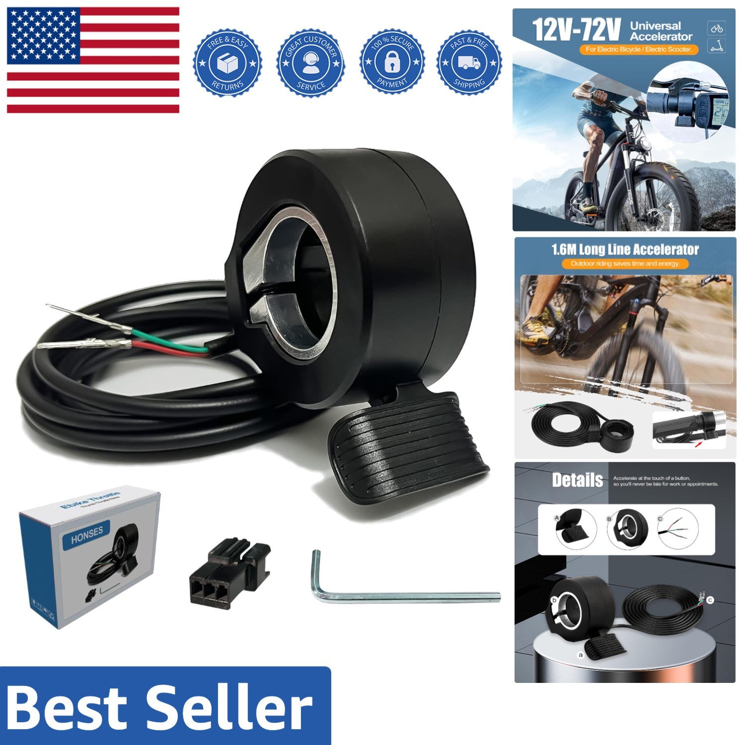 Thumb Throttle Controller for E-Bikes & Scooters – 12V-72V Universal Fit