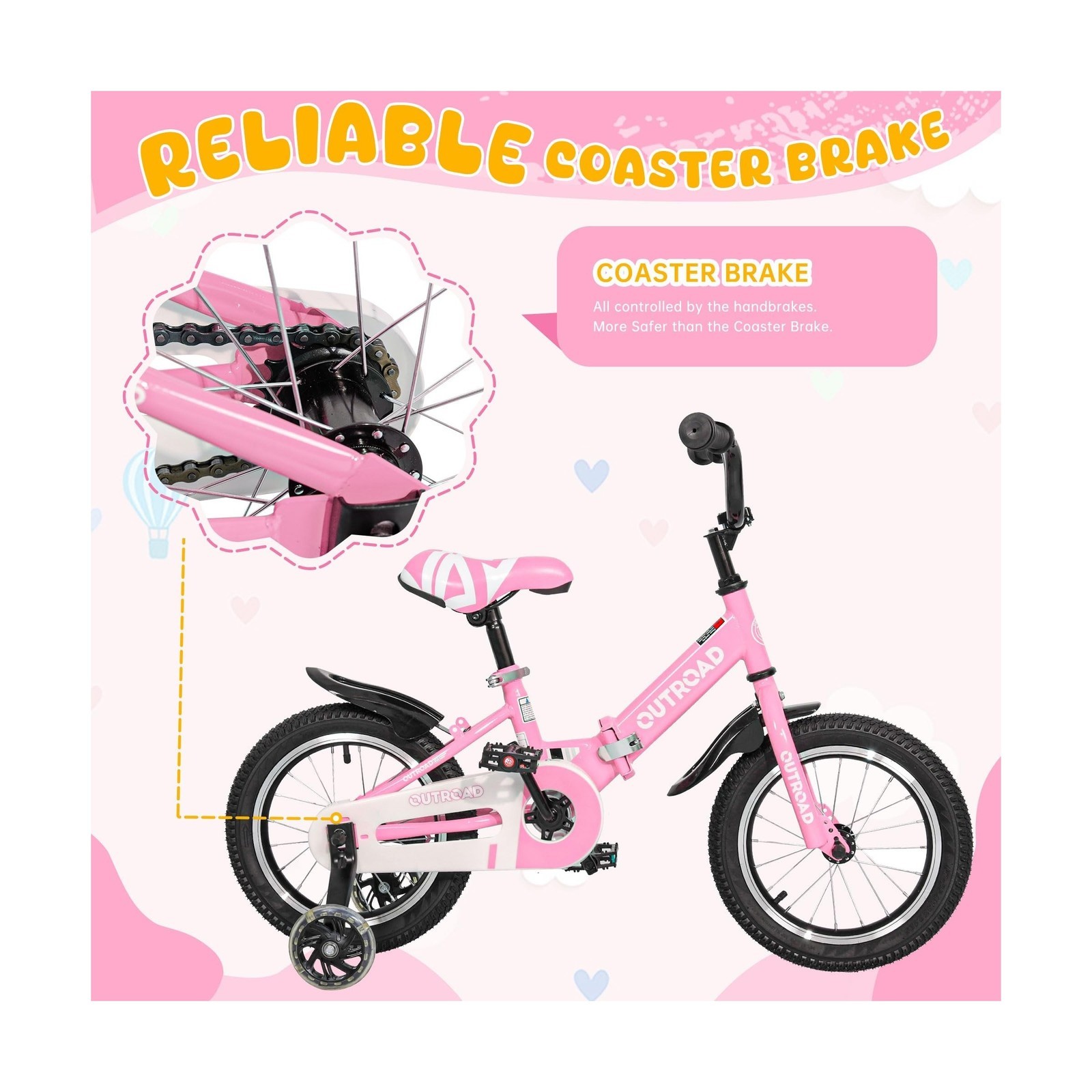 14 Inch Folding Kids Bike w/ Training Wheels, Gifts for Girl&Boy Age 3-10 Years