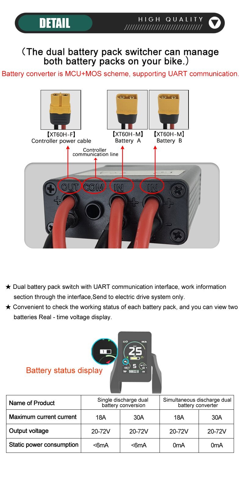E-bike Discharge Converter Connection Adapter with XT60 Plug 20-72V 20A/30A/40A