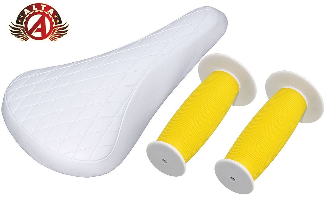 ALTA White Diamond Saddle & Yellow/White Mushroom Grips BMX BIKES.