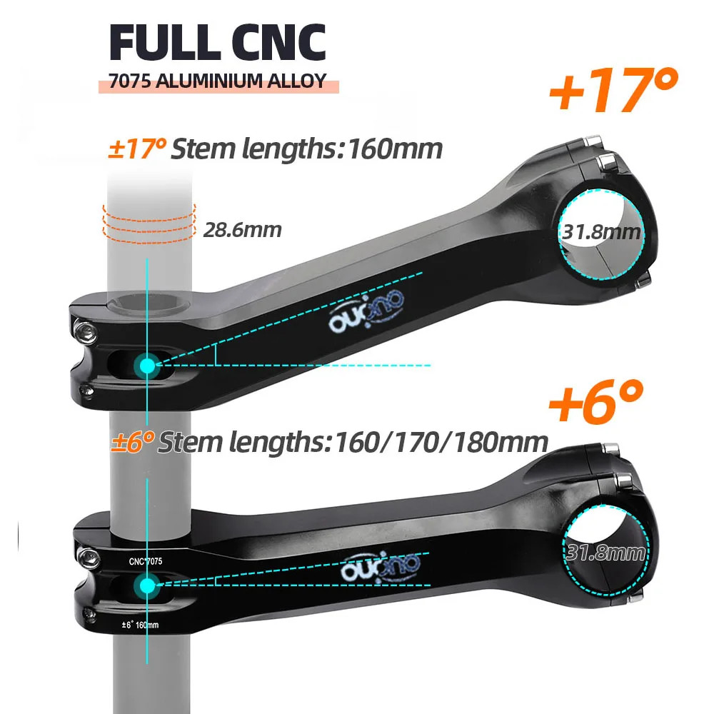 OUO 7075 Aluminum CNC Bike Stem 31.8mm 130-180mm Long MTB Handlebar Stem 6/17°