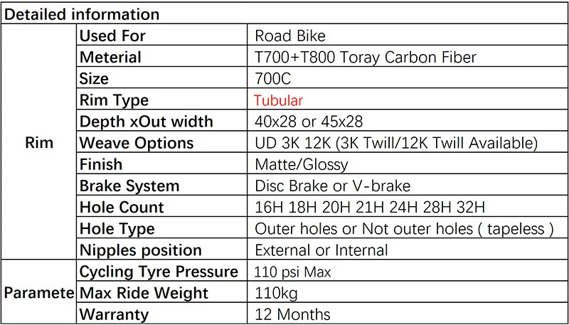 700C Road Bike Tubular Carbon Rim 28mm wide 40mm 45mm Deep 20-32H Wheel