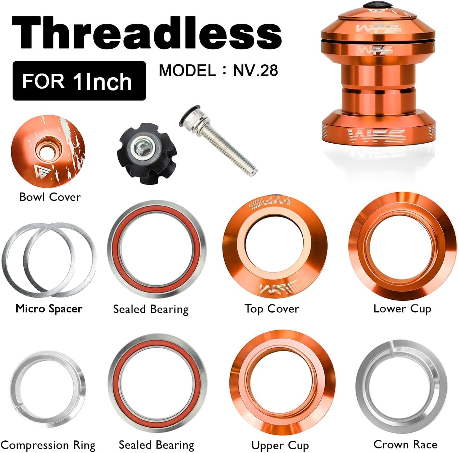Orange WFS NV.28 1″ Threadless Bike Headset CNC Aluminum Sealed Bearing BMX