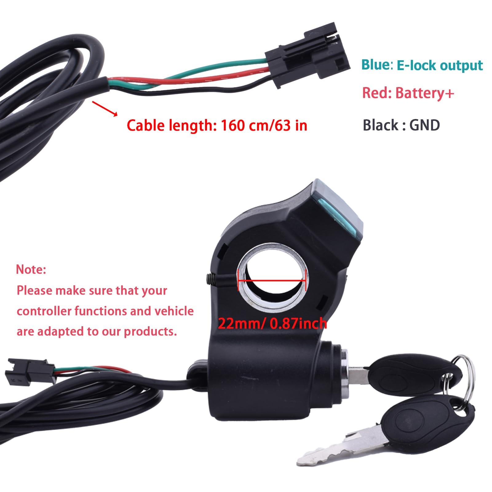 Universal E Bike Key Ignition 12V-96V Key Ignition for Ebike Key Switch 3 Wir…