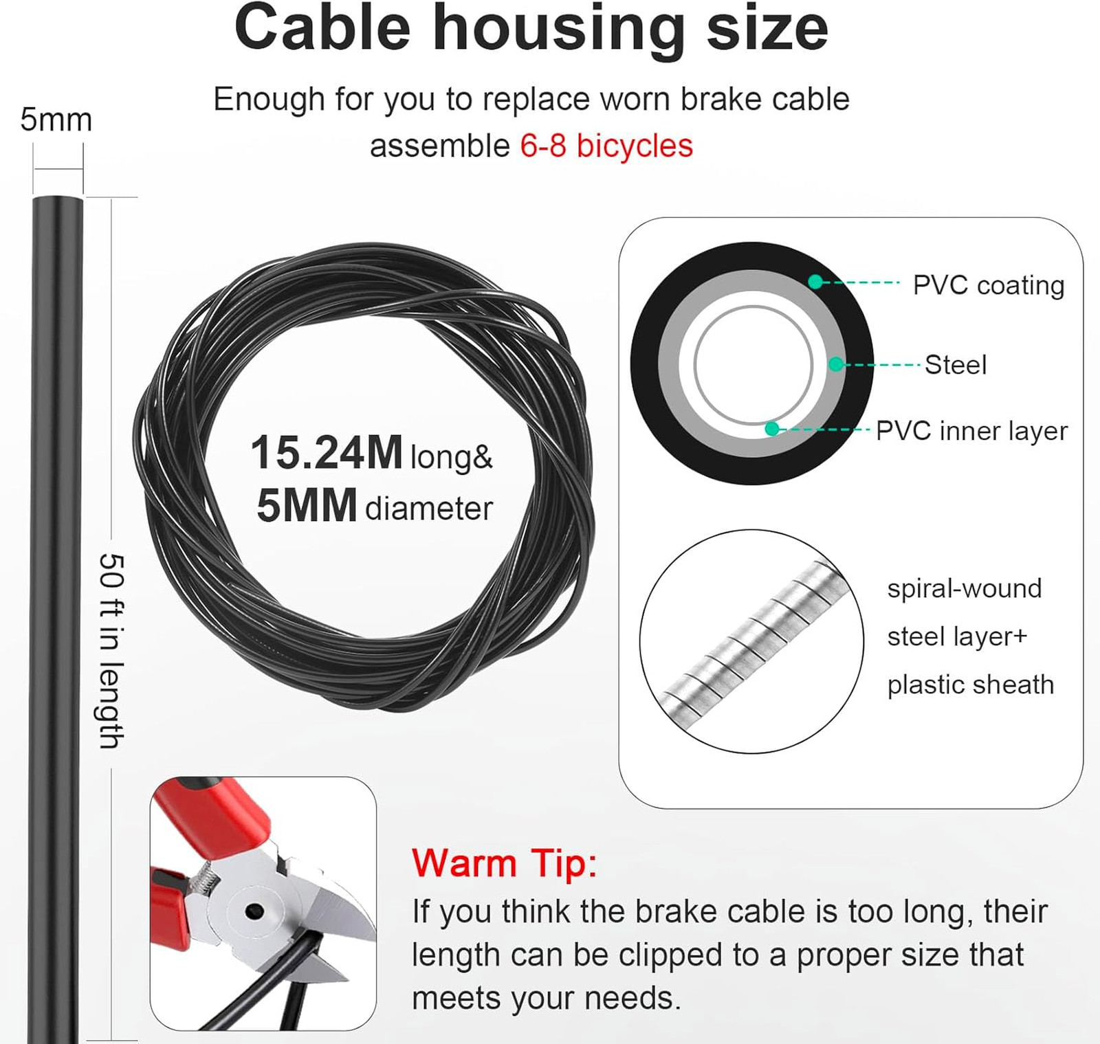 Bicycle Brake Cable Housing 5mm x 50ft Black Mountain Road Bike Gear Wires