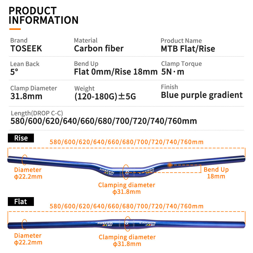 Blue Purple Carbon Handlebar Mountain Bicycle Flat Bar Rise Bar 31.8*600-760mm