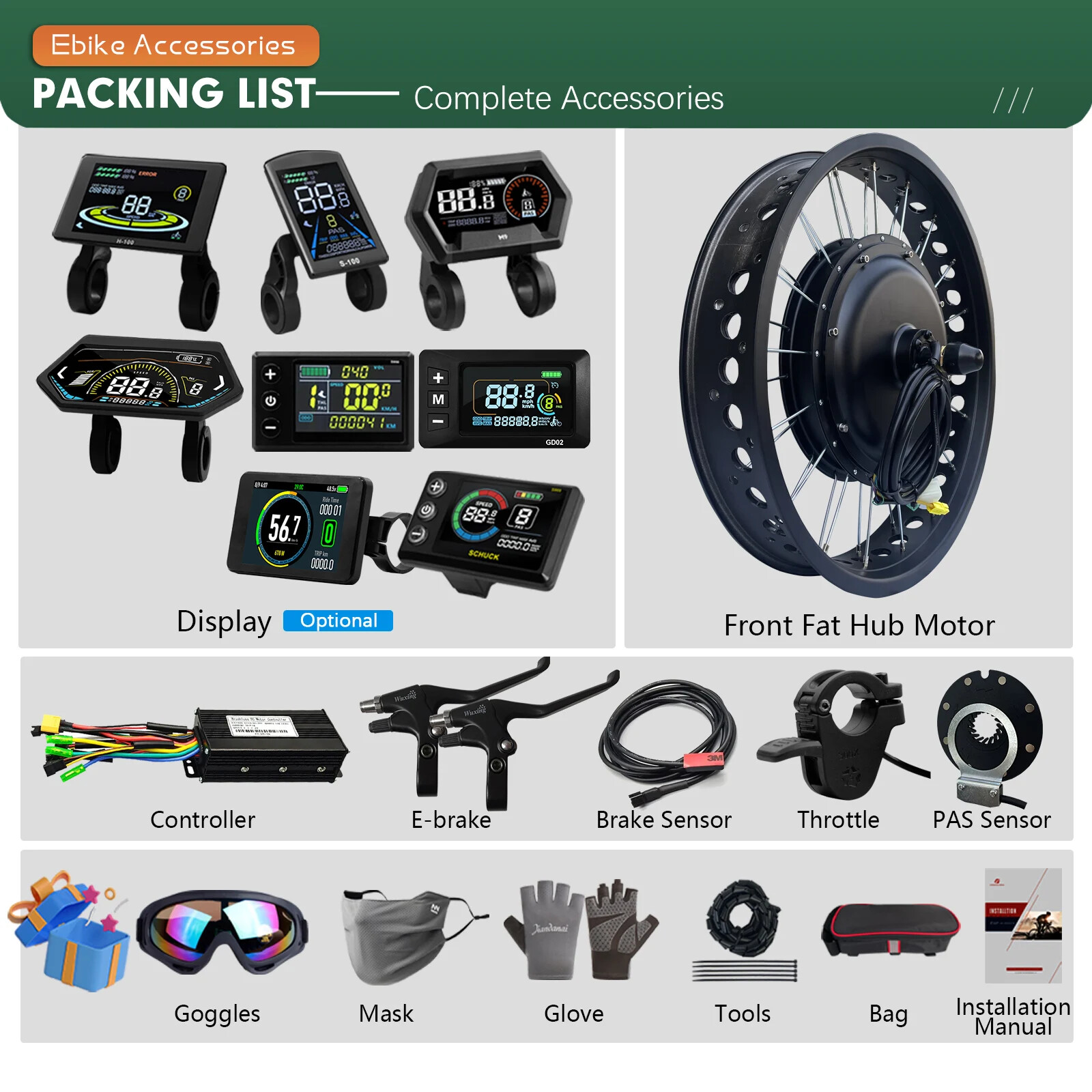 20 24 26 Inch 48V 1000W Snow E-bike Fat Front Brushless Hub Motor Conversion Kit