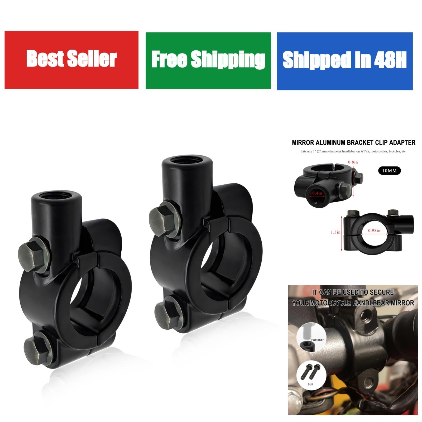2PCS Aluminum Handlebar Mirror Mount Clamp for Motorcycle & Scooter