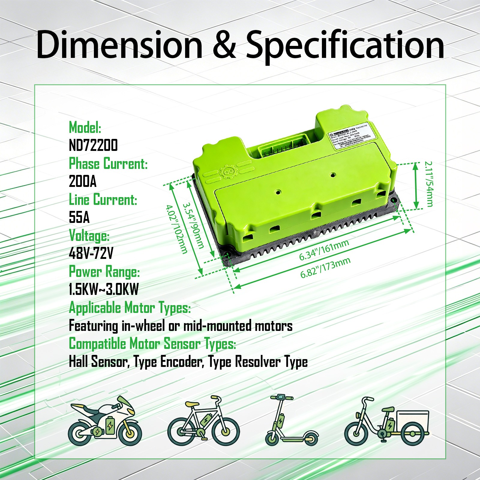 72V ND72200 Controller BLDC for Fardriver, 55A/200A with Bluetooth Module