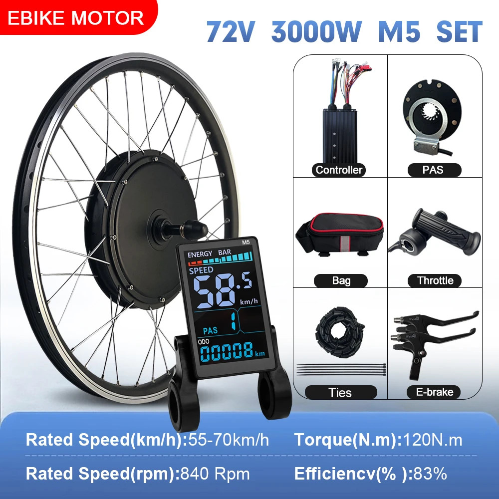 E-bike Conversion Kit 72V 3000W Brushless Rear Wheel Hub Motor Dropout 135mm