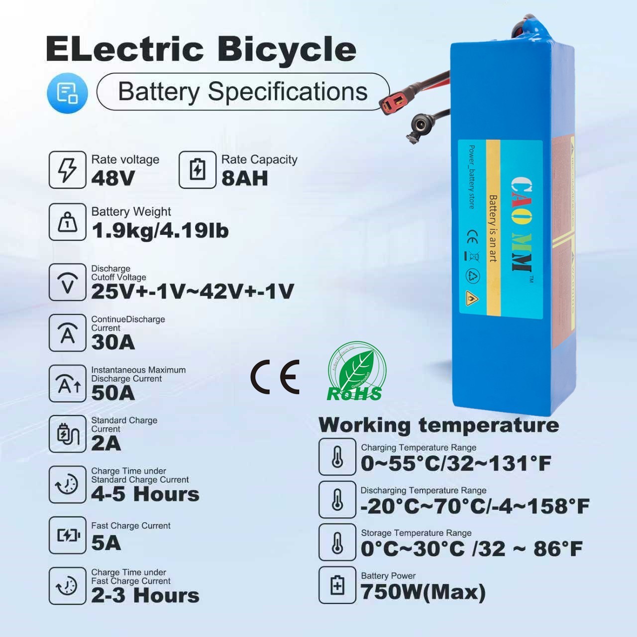 48V 8AH Ebike Lithium Battery for Electric Bicycle 100W-750W Motors W/ 30A BMS