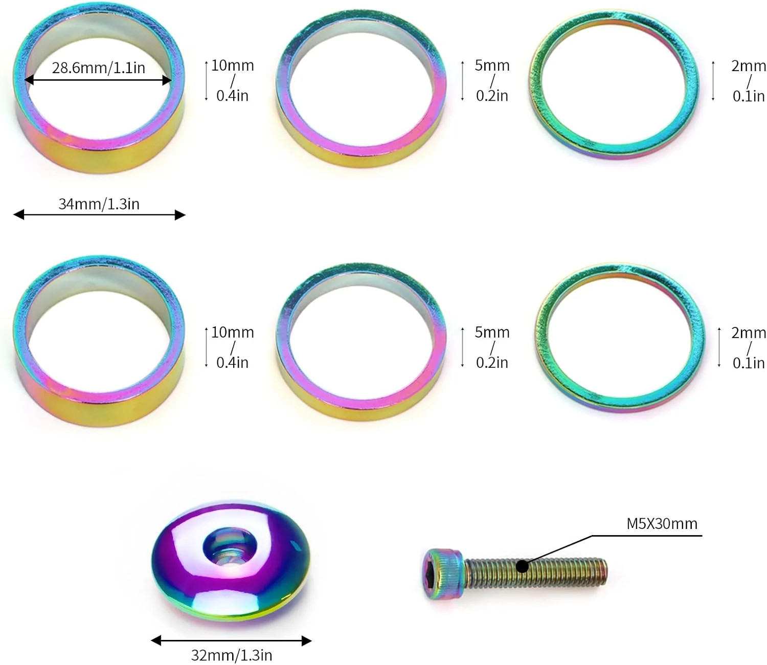 1 1/8 Inch Headset Spacer with Stem Top Cap Bolt Kit Rainbow 28.6mm Fork Tube Wa