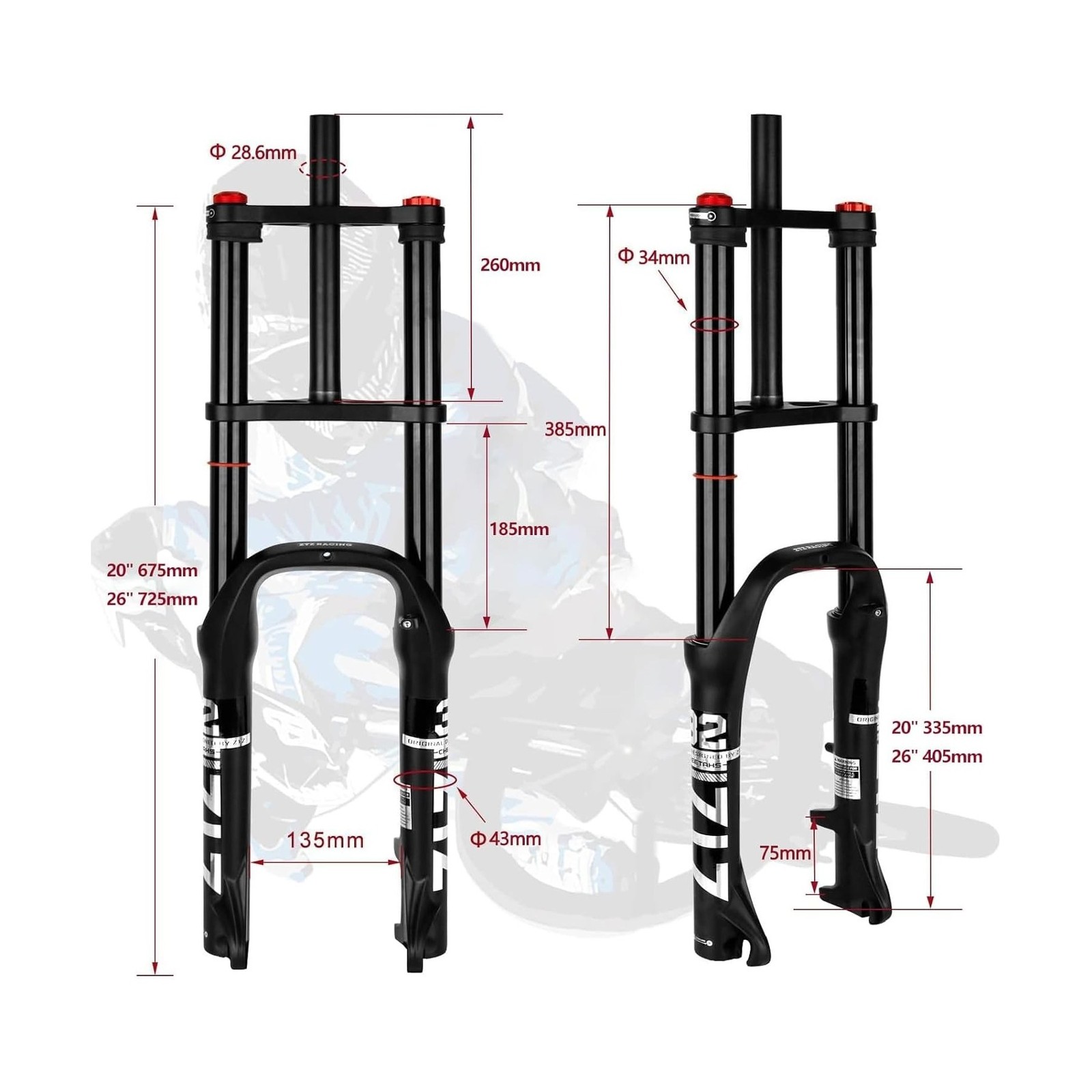 ZTZ 20/26 inch 4.0 Fat Tire Bike Air Suspension Fork – 180mm Travel, 135mm Hu…