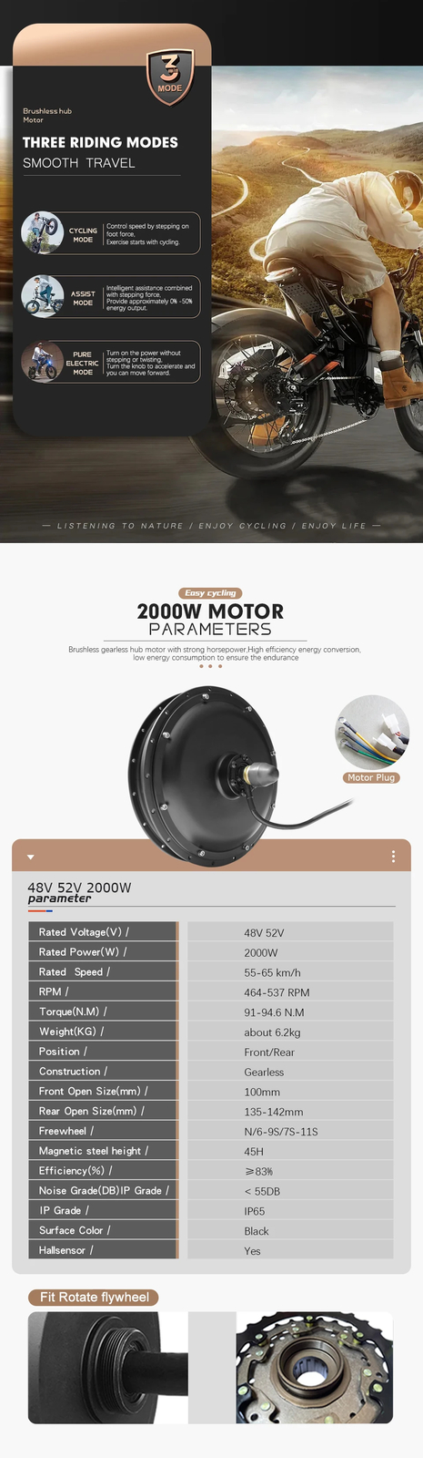 48V 52V 2000W Front/Rear Brushless Nongear Hub Motor Drive for MTB Electric Bike