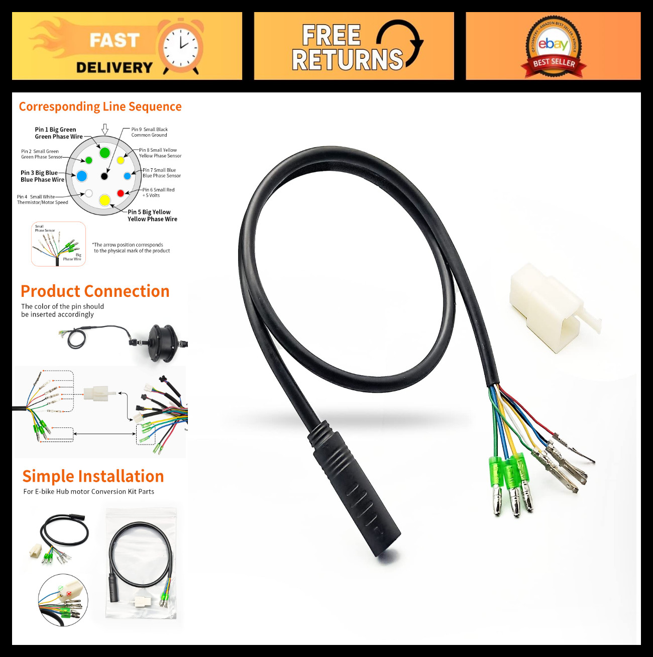 Waterproof 9 Pin Hub Motor Extension Cable for Ebike Conversion 36V 48V 52V 250W