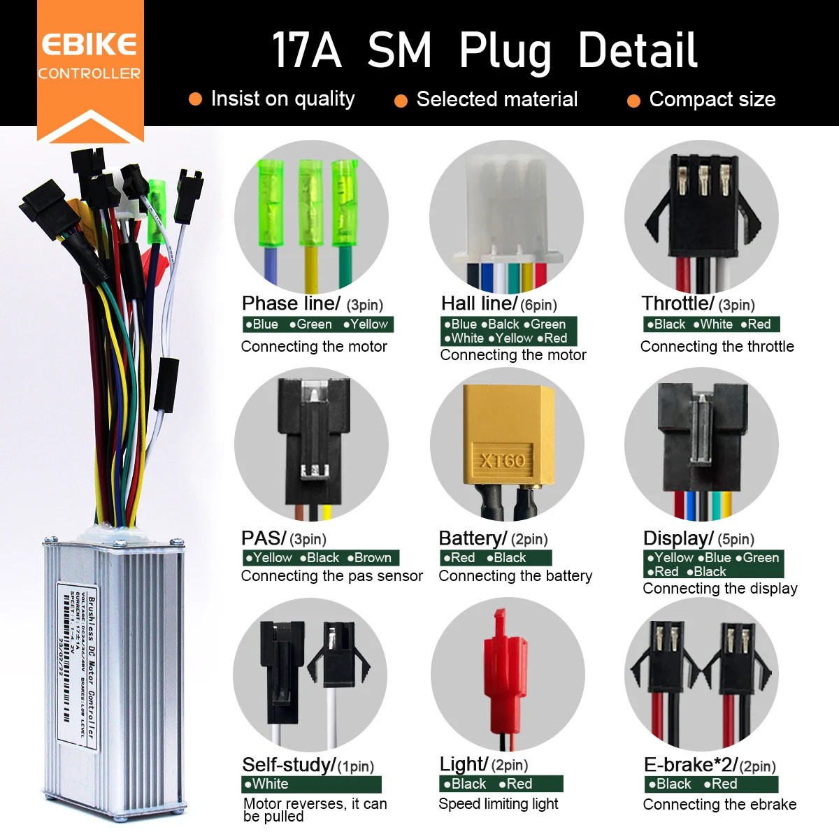 E-bike 3-Mode SineWave Controller 17A 26A 30A 40A Color LCD S866 GD02 Display