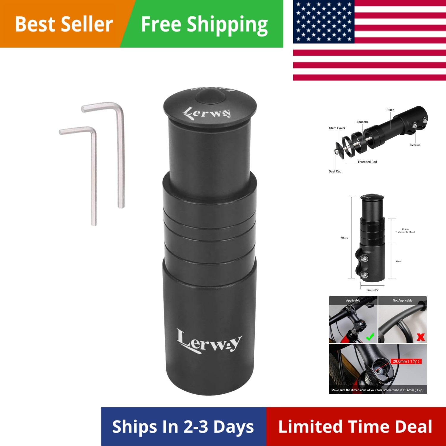 Bike Stem Riser Extender MTB Handlebar Stem Adapter with Hex Key for 1-1/8″ 2…