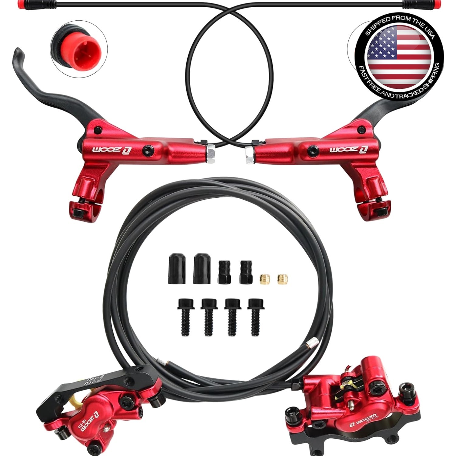 Bike Hydraulic Brake Set 4-Pistons Zoom HB876E E-Bike Mountain Road Red