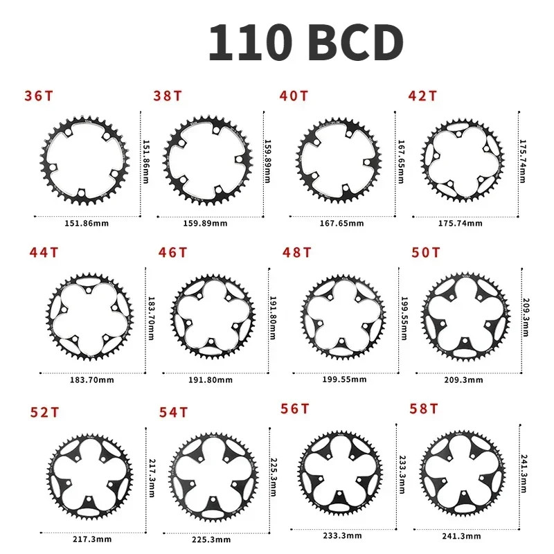 110 130 BCD Chainring 36T 38T 40T 42T 46T 50T 52T 54T 56T 58T 60T Wide Narrow Ch