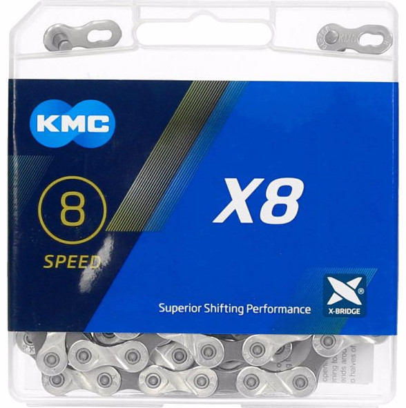 KMC X8-116L NP/BK 8 Speed Bicycle Chain – 1/2 x 11/128 inch, 116 Links