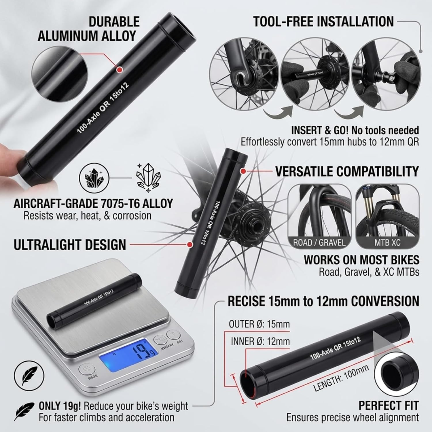 15mm to 12mm Thru axle Adapter, 15mm to 12mm Front Axle Adapter, Quick Release W
