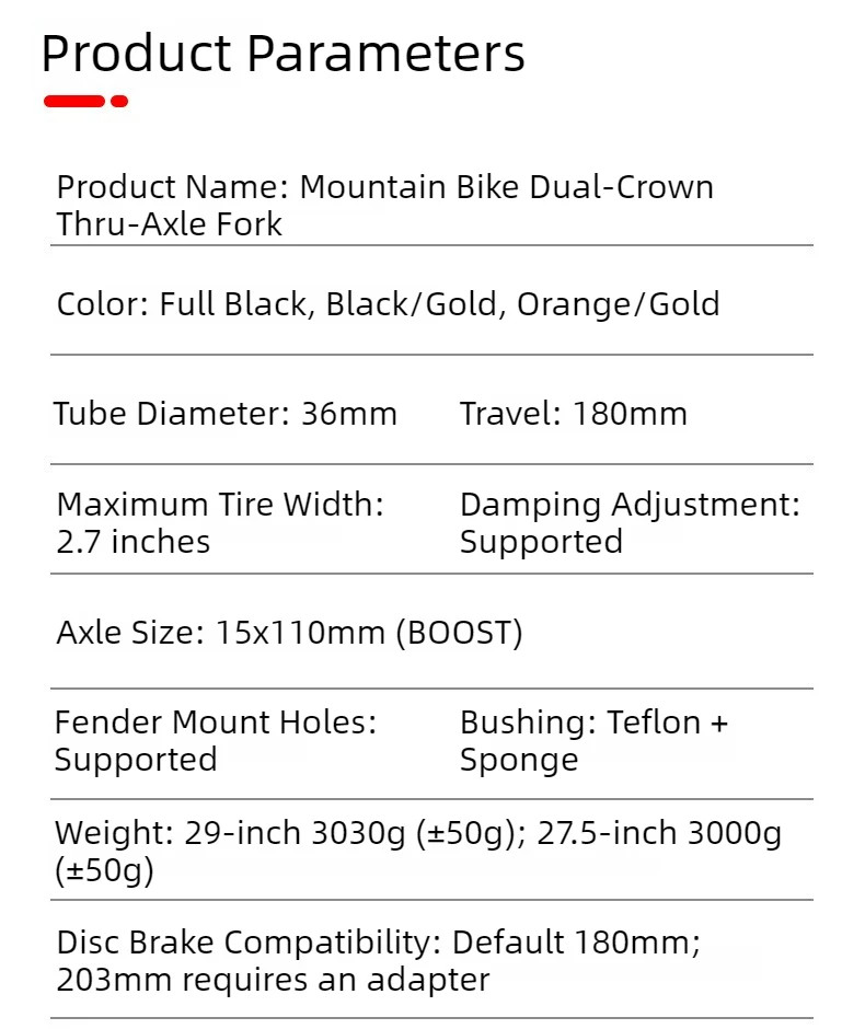 27.5/29 Inch Mountain Bike Dual-Crown Air Fork BOOST Thru Axle Suspension Fork