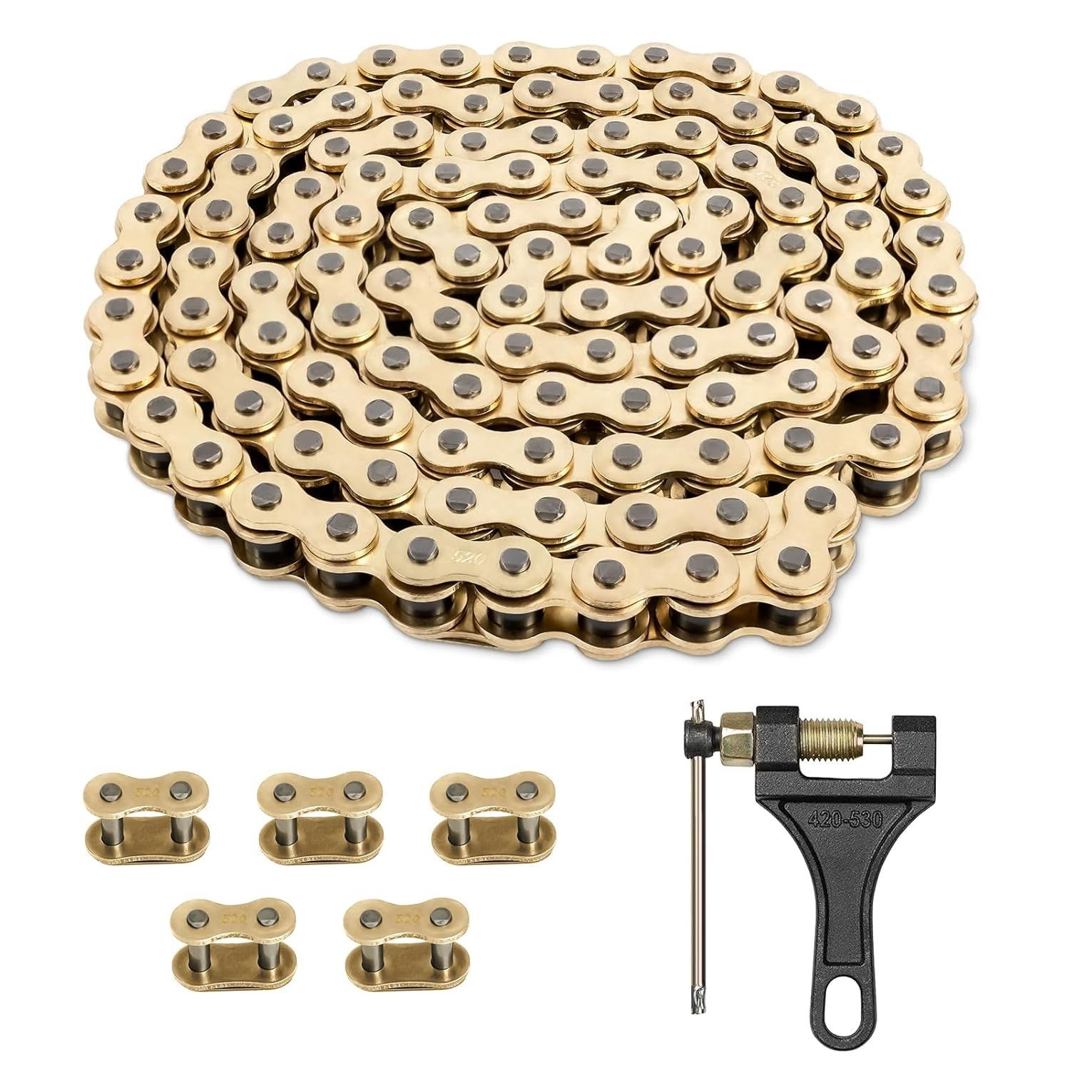 Belleone 520 Gold Motorcycle Chain 112 Links with Breaker, 520 112Link