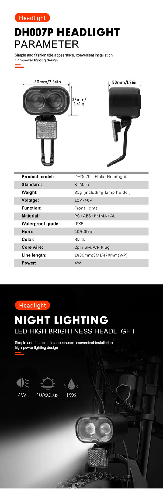 E-bike Front Light 12V/24V/36V/48V SM/Waterproof Plug for Electric Scooter Parts