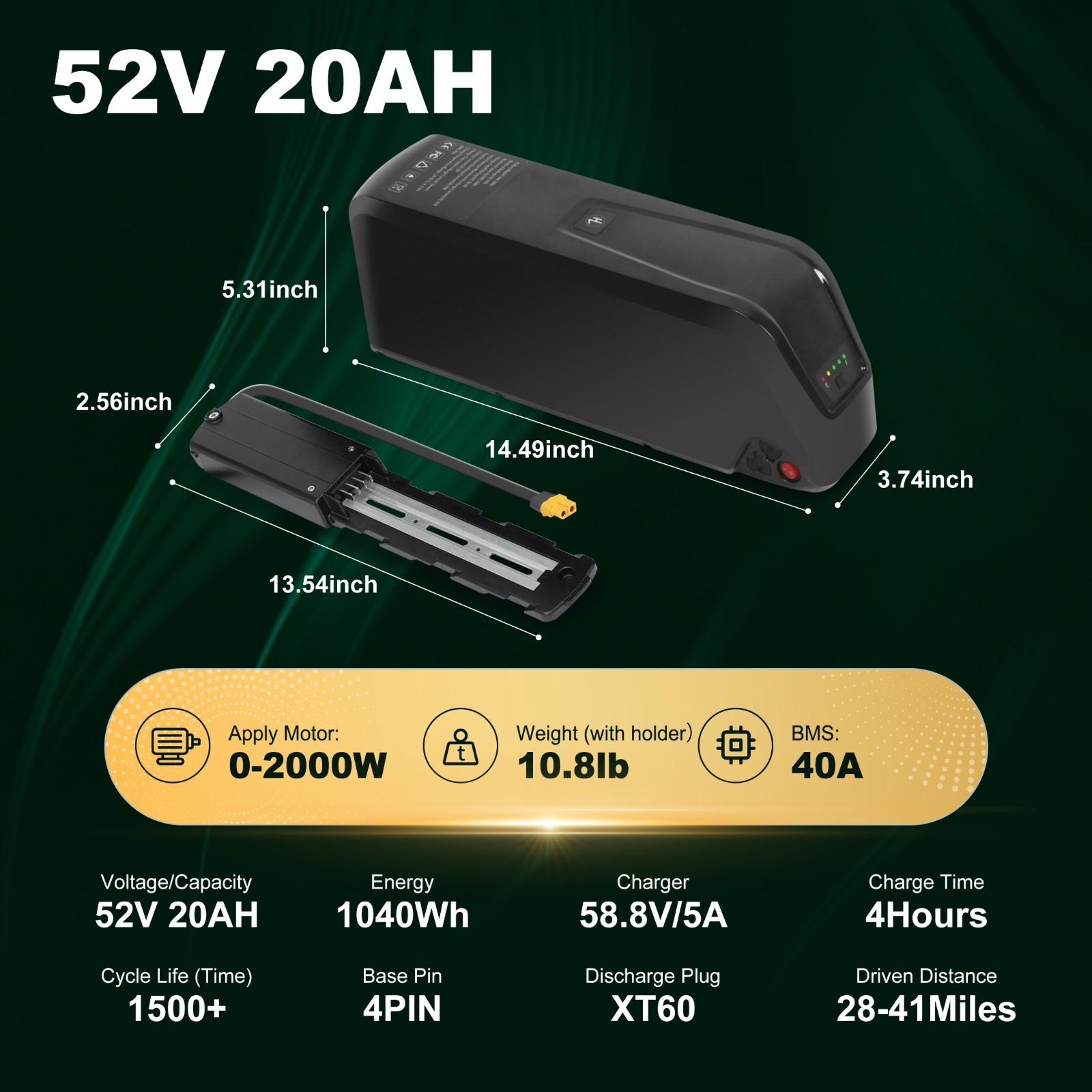 52V/48V/36V ebike battery lithium for electric bicycle 200W-2000W Motors, 4PIN