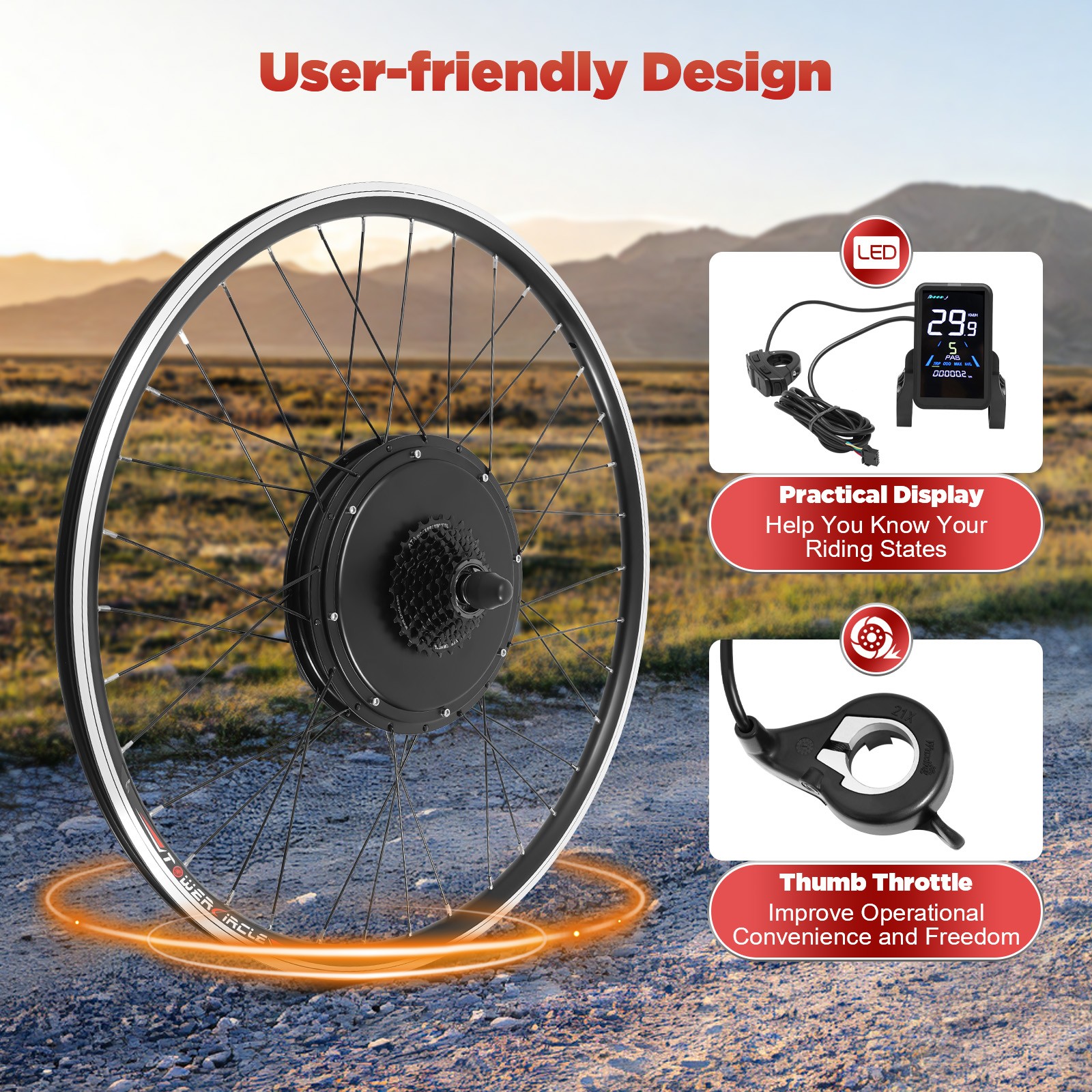 28″/29″ 48V 1000W LCD Electric Bicycle Motor Conversion Kit E-bike Rear Wheel