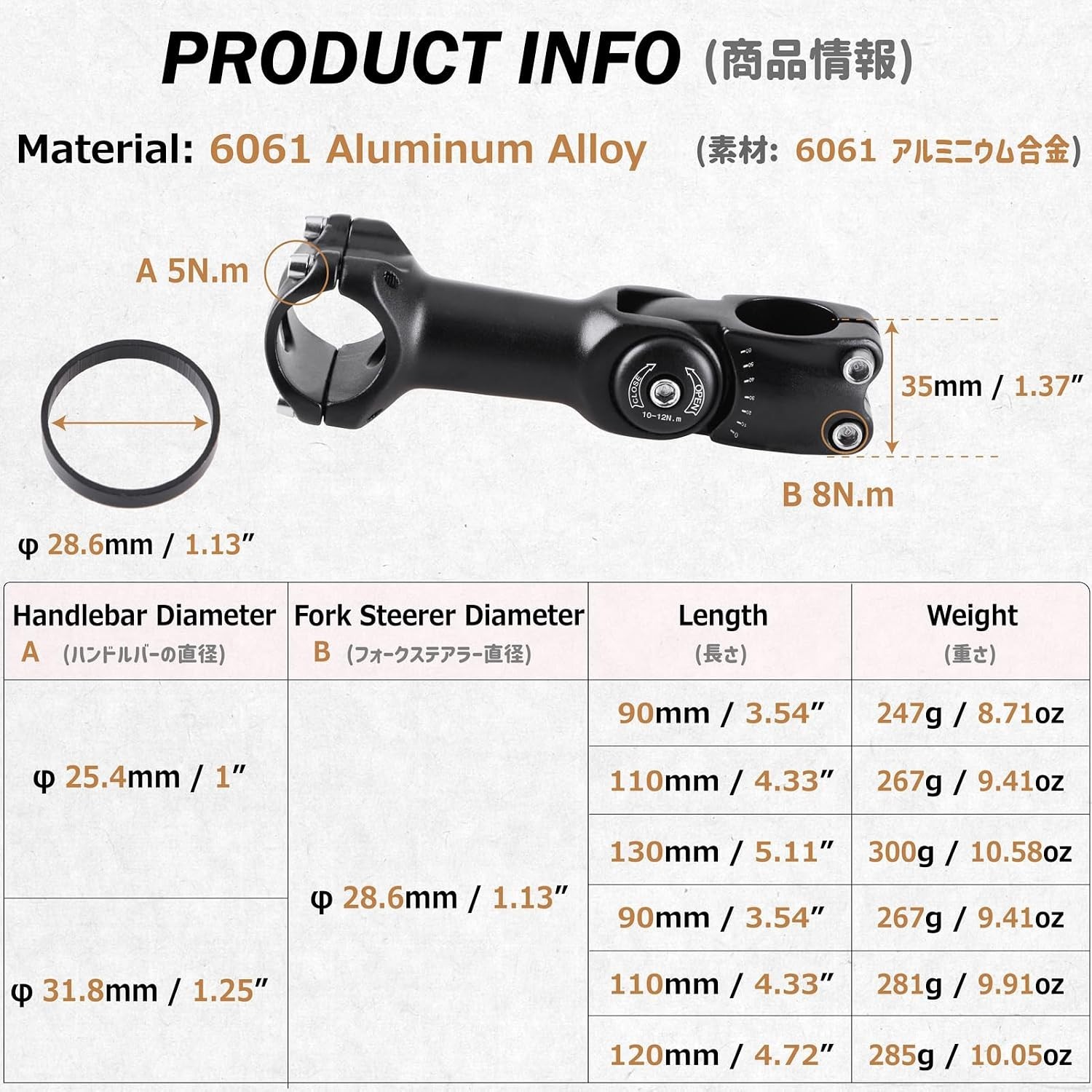 25.4mm 31.8mm Stem 70mm 80mm 90mm 110mm 120mm 130mm 17 35 45 60 Degree Adjust…