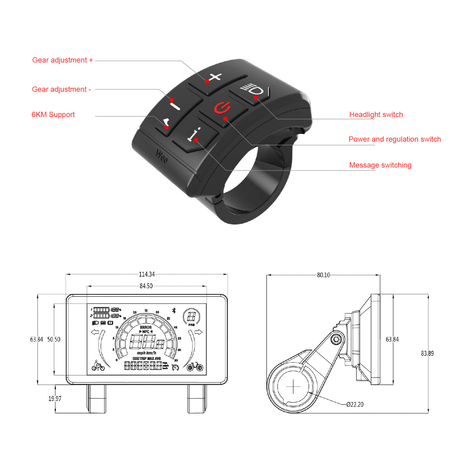 Ebike 24V/36V/48V/52V/60V/72V NFC SR-M808X LCD Display Speed Meter Control Panel