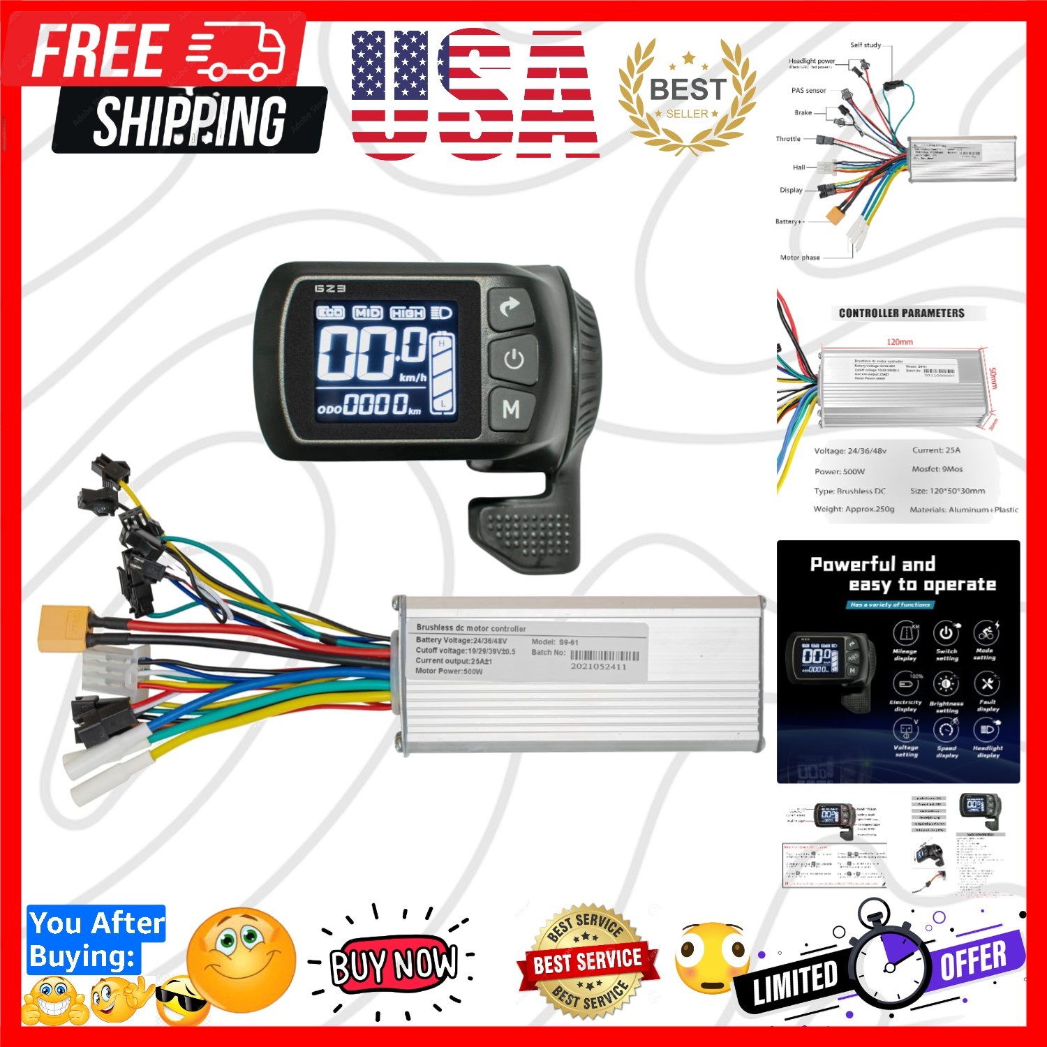 24V 36V 48V Ebike Controller Kit 500W 25A Brushless Motor Controller and Ebik…