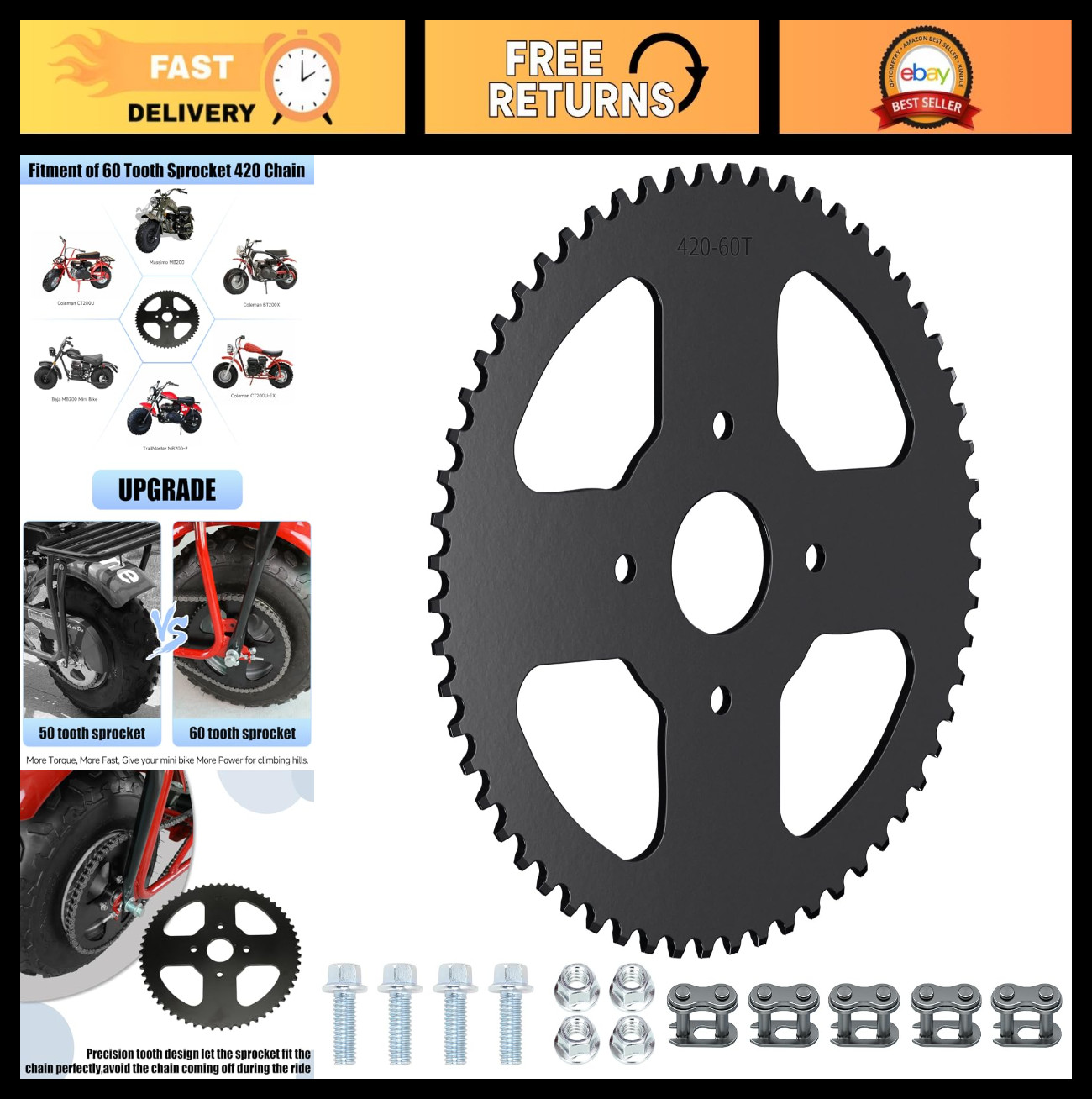 60 Tooth Rear Sprocket for Mini Bikes & Go Karts – 40mm Bore, 420 Chain Compatib