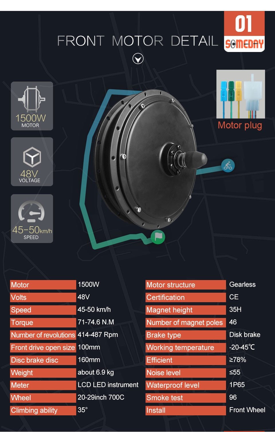 48V 1500W Front Hub Motor Wheel 20-29Inch/700C for Electric Bike Conversion Kit