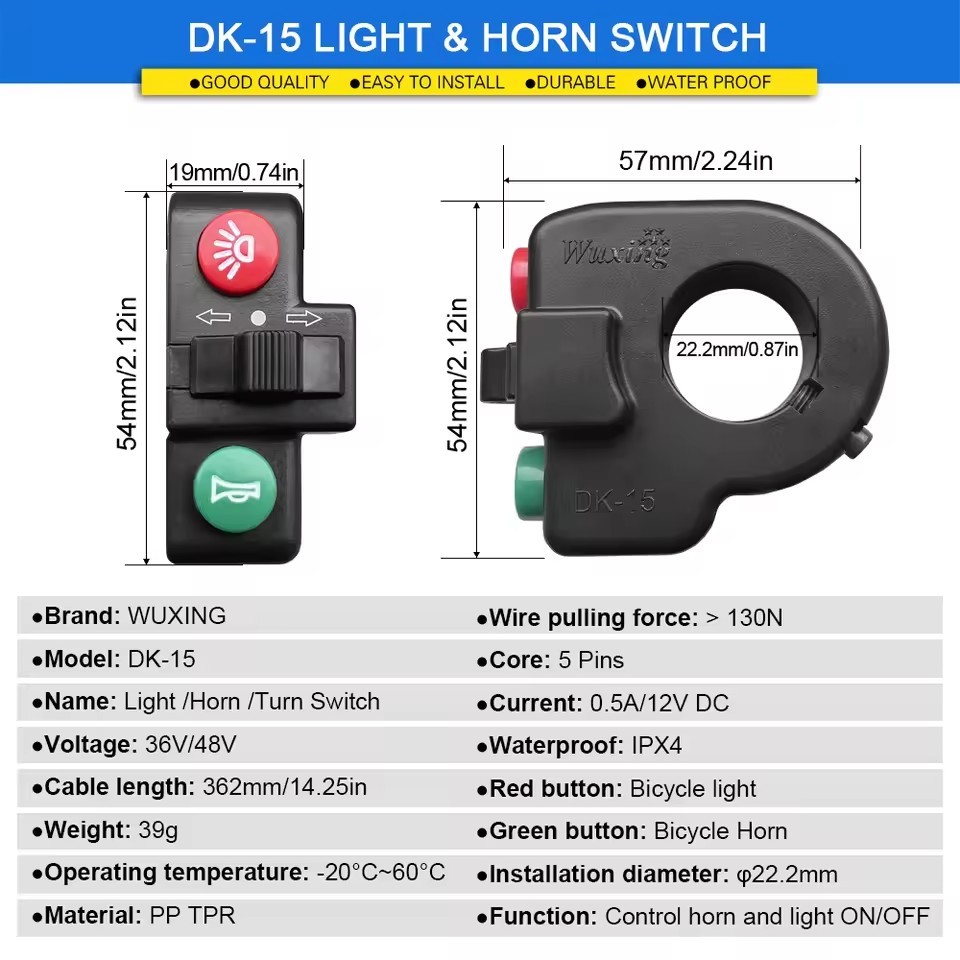 36V-48V E-Bike LED Headlight & Tail Light Set Horn Brake Turn Signal Switch Kit